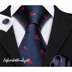 Komplet piracki czerwone CZASZKI :-) krawat + spinki do mankietów + poszetka